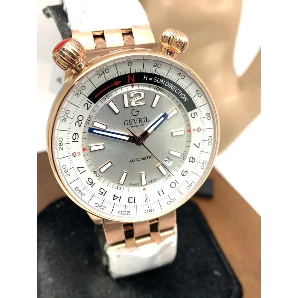 Gevril Men's Watch 48564 Swiss Automatic Wallabout Solar Compass Rose Gold 44mm